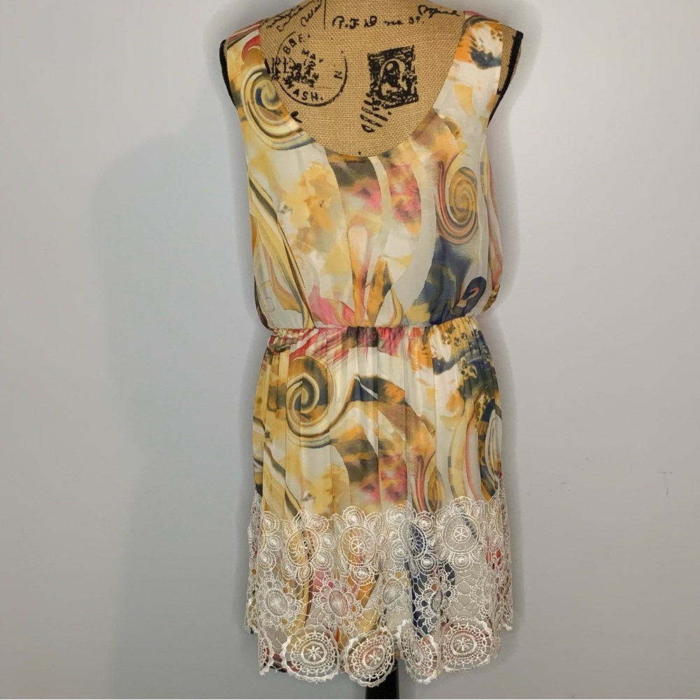 Luxology Swirl-Print Lined Lace Overlay Low Back Sleeveless Dress - Picture 6 of 14